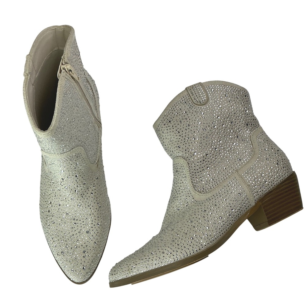 YOKI Cream Rhinestone Western Ankle Boots Womens 8 Sparkly Block Heel Booties